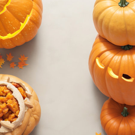 Halloween pumpkins with jack-o-lanterns, top viewの素材