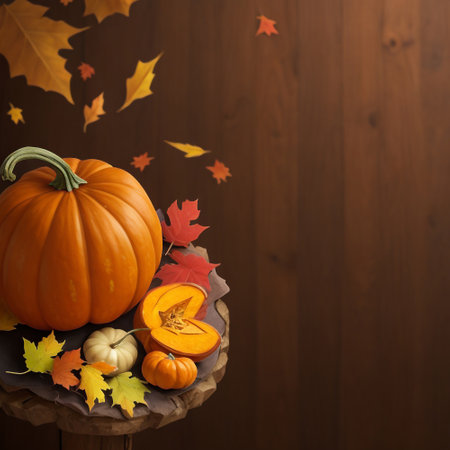 Autumn background with pumpkins, leaves and copy space for your textの素材