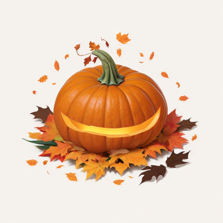 Pumpkin and autumn leaves isolated on white background. 3d illustrationの素材