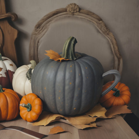 Autumn still life with pumpkins and leaves on wooden table.の素材
