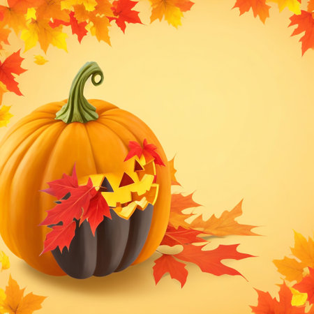 Halloween pumpkin with autumn leaves on yellow background. 3d illustrationの素材