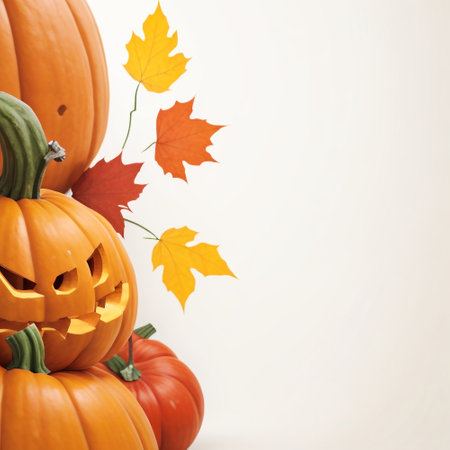 Halloween pumpkins with autumn leaves on white background, copy spaceの素材