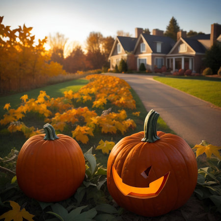 Halloween pumpkins on a background of autumn leaves and the setting sunの素材