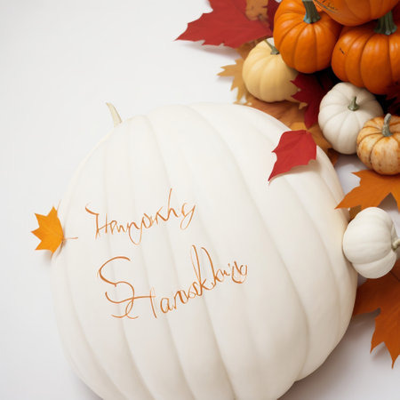 Thanksgiving card with pumpkins and autumn leaves on a white backgroundの素材