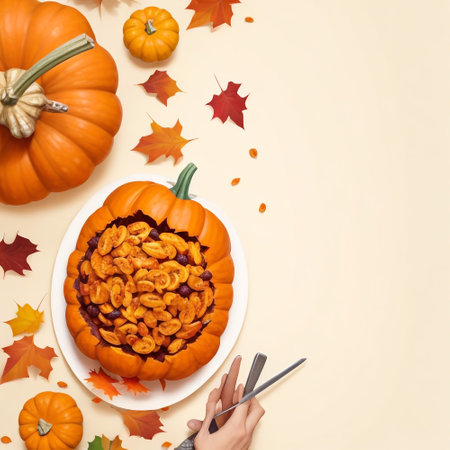 Halloween background with pumpkins and autumn leaves. Top view.の素材