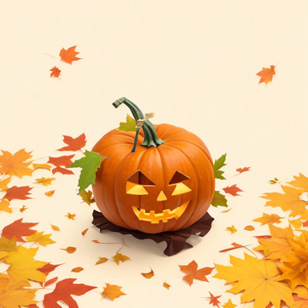 Halloween pumpkins and autumn leaves on white background, copy spaceの素材