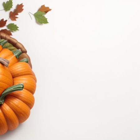 Autumn composition with pumpkins and leaves on white background. Flat lay, top view, copy spaceの素材