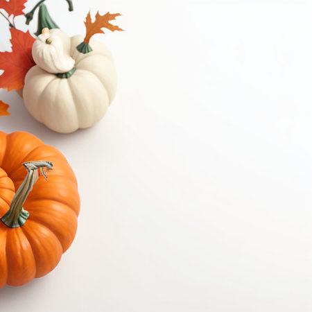 Thanksgiving day background with pumpkins and autumn leaves on white backgroundの素材