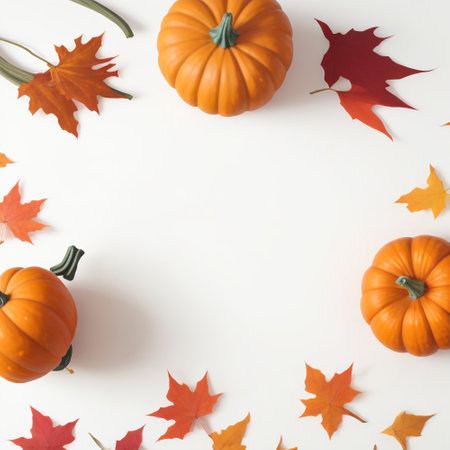 Autumn composition. Pumpkins, leaves on white background. Flat lay, top view, copy spaceの素材