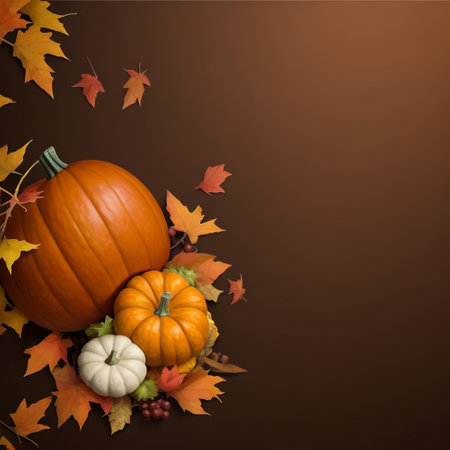 Autumn background with pumpkins and fall leaves. Space for textの素材