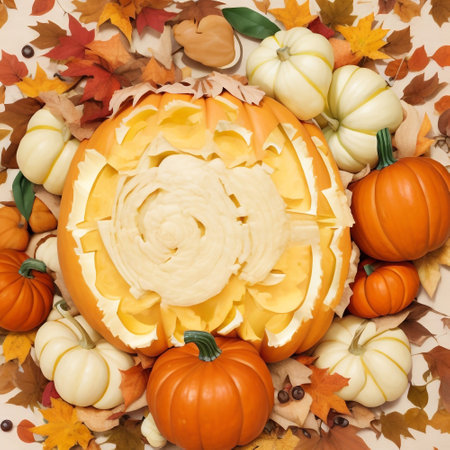 Halloween pumpkins and autumn leaves background. Top view, flat lay.の素材