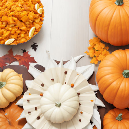 top view of decorated pumpkins and autumn leaves on white wooden tableの素材
