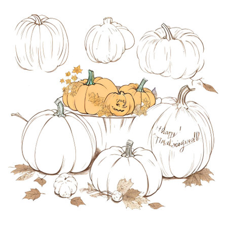 Hand drawn vector illustration of pumpkins with autumn leaves. Decorative elements for Halloween.の素材