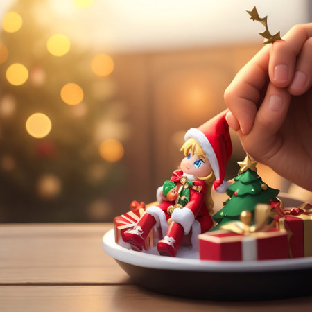 Christmas decoration with Santa Claus and christmas tree on wooden table.の素材