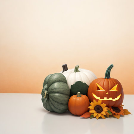 Halloween pumpkins with autumn leaves on white table and orange backgroundの素材