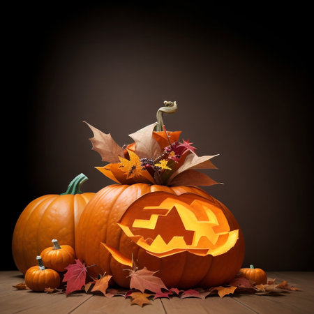 Halloween pumpkins with autumn leaves on wooden table and dark backgroundの素材