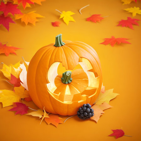 Halloween pumpkin and autumn leaves on orange background, halloween conceptの素材