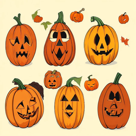 Set of Halloween pumpkins with different emotions and expressions. Vector illustration.の素材