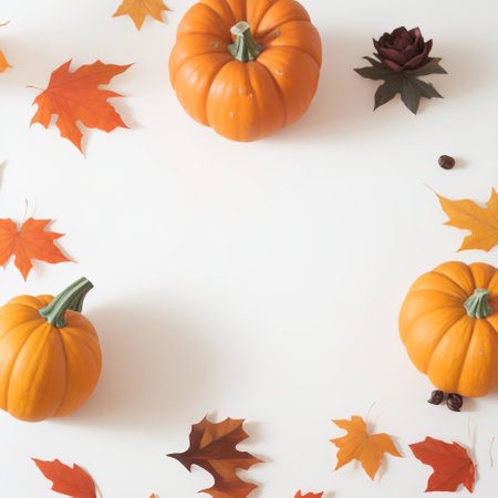 Autumn composition. Pumpkins, leaves on white background. Flat lay, top view, copy spaceの素材