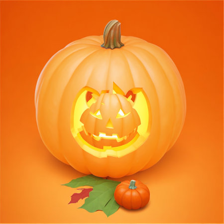 Halloween pumpkin with leafs on orange background. Vector illustration.の素材