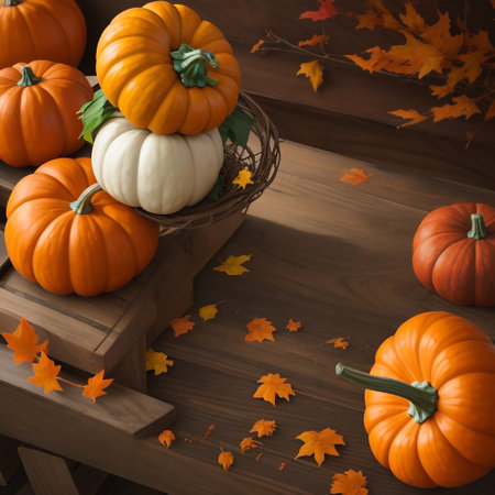 Autumn still life with pumpkins and leaves on a wooden backgroundの素材