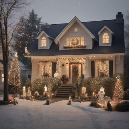 Christmas and New Year holidays in the city. Beautiful house decorated for Christmas.の素材