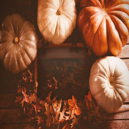 Autumn pumpkins with leaves on wooden background, vintage tonedの素材