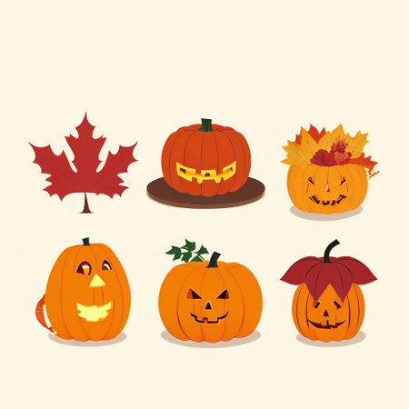 Set of Halloween pumpkins with autumn leaves. Cartoon vector illustration.の素材