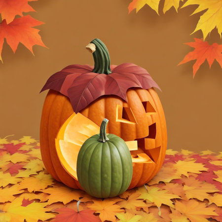 Halloween pumpkins on autumn leaves background. 3D illustration.の素材