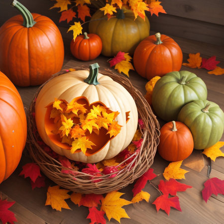 Halloween pumpkins with autumn leaves on wooden background, closeupの素材
