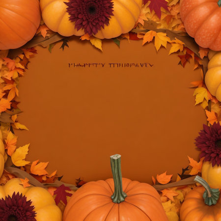 Thanksgiving background with pumpkins and autumn leaves. Space for textの素材