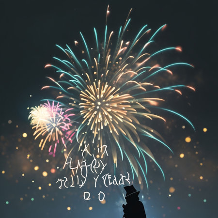 Happy new year and merry christmas greeting card with colorful fireworks.の素材