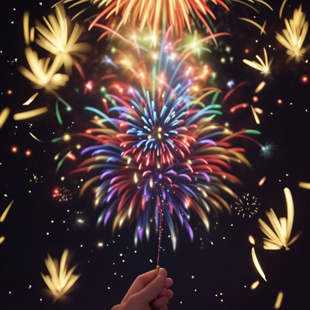 Close up of human hand holding sparkler against new year fireworks backgroundの素材