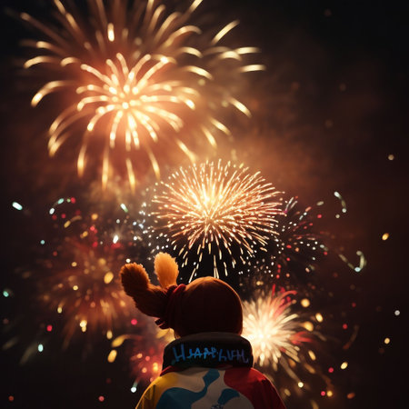 Little boy with soccer ball and fireworks on the background of the night skyの素材