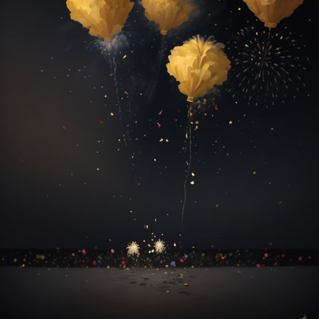 Beautiful yellow firework with bokeh effect on dark backgroundの素材