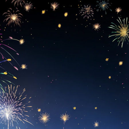 Fireworks background with space for your text on dark blue sky.の素材