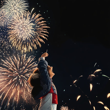 Young mother and her little daughter celebrating with fireworks in the night skyの素材