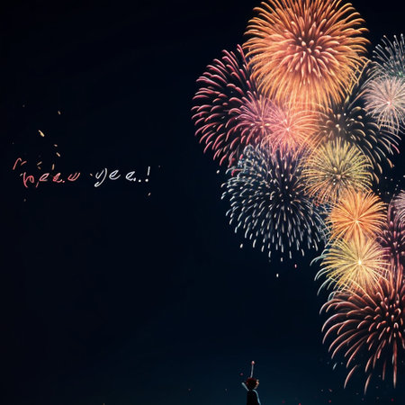 Happy new year and merry christmas concept with fireworks in the night skyの素材