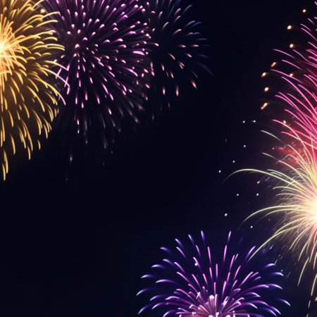 Colorful fireworks of various colors over night sky background, celebration conceptの素材
