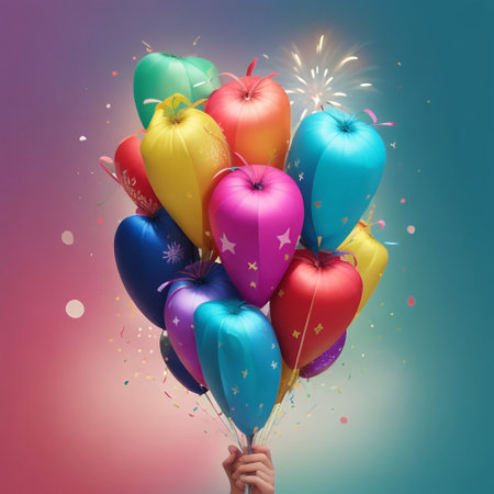 Hand holding colorful balloons with sparklers and confetti on colorful backgroundの素材