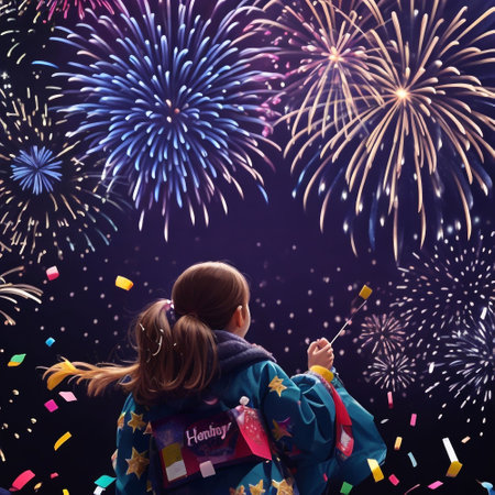Back view of cute little girl looking at fireworks on dark sky backgroundの素材
