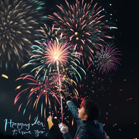 Happy new year and merry christmas greeting card with little boy with fireworksの素材