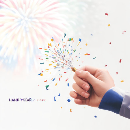 Happy New Year greeting card with fireworks in the hands of a businessmanの素材