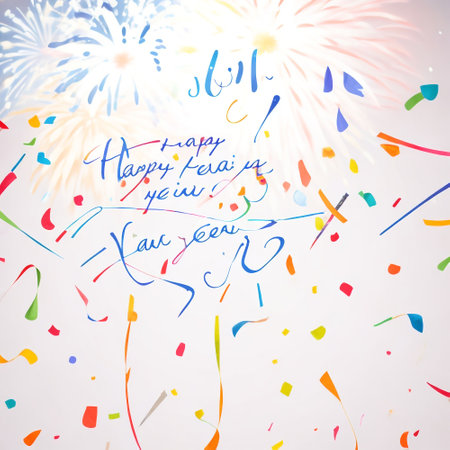 Happy New Year background with fireworks and confetti. Vector illustration.の素材
