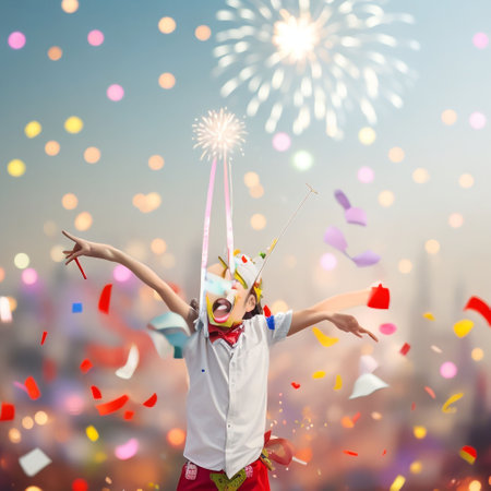 Cute little girl in clown costume against fireworks and confetti backgroundの素材