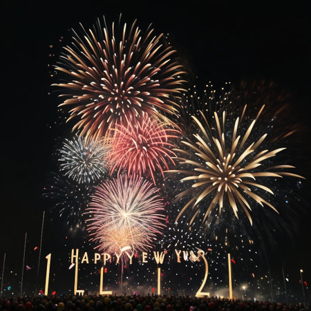 New Year's Eve celebration with fireworks and crowd of people on backgroundの素材