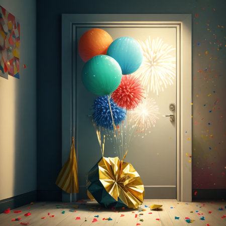 birthday party with balloons in front of the door, 3d renderの素材