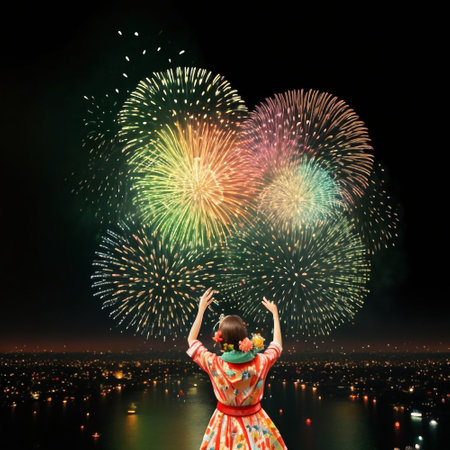 Young woman in colorful dress with beautiful fireworks on night sky background.の素材