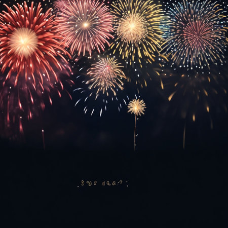 Colorful fireworks on black background with space for text. Happy new yearの素材