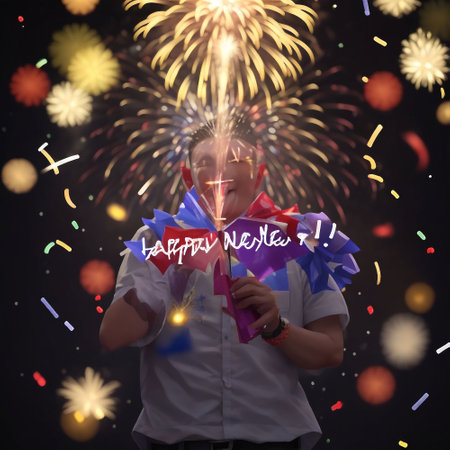 Happy young man holding colorful flag with text Happy New Year and fireworksの素材